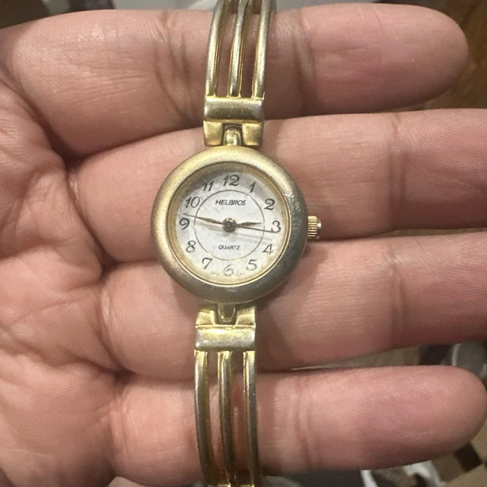Working Helbros 22mm Women Watch Gold Steel Bracelet White Quartz Fit‎ 7in