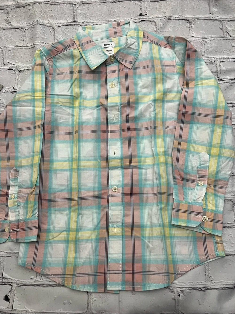 Carter's Pastel Plaid Button-Up Shirt in Mint, Peach & Yellow