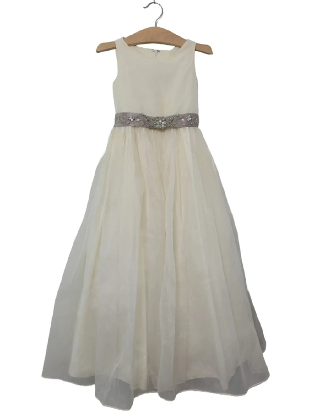 Sweet Beginnings‎ Flower Girl Dress Size 8 Ivory Off White w/ Gray Sash