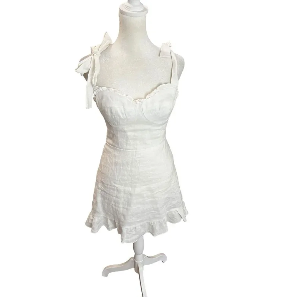 Reformation Christine Linen Mini Dress Ivory Tie Strap Sweetheart Size 0