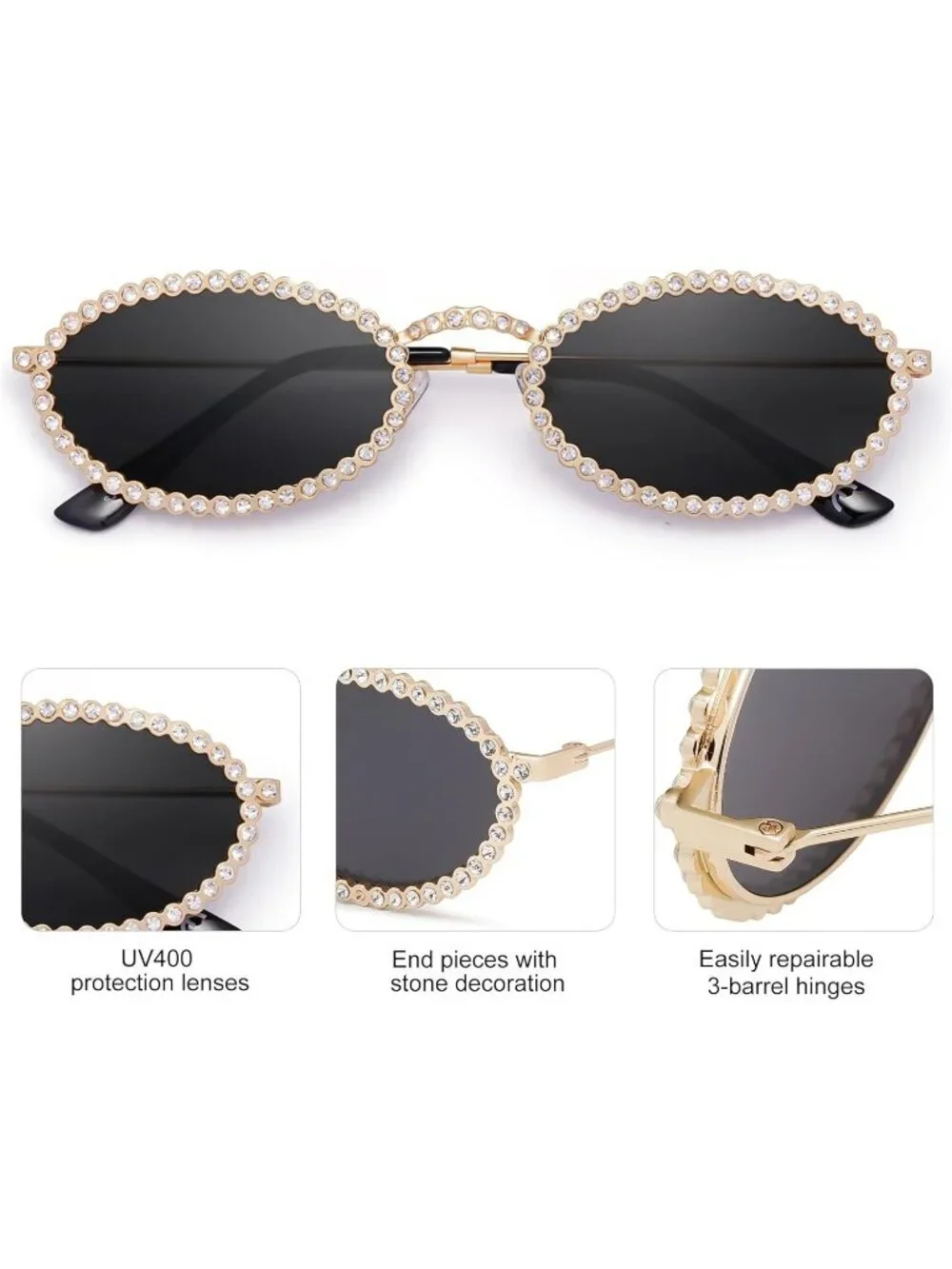 SOJOS Women Retro Oval Rhinestone Sunglasses 90s Style Bling Hippie Disco Black