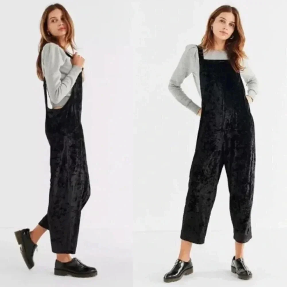 Urban Outfitters Black Velvet Velour Crop Overalls Jumpsuit
