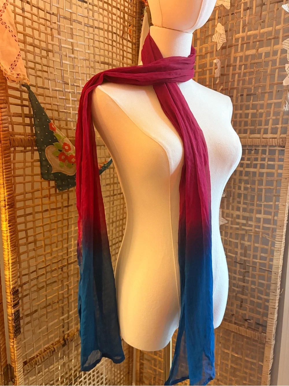 Vintage Ombre Silk Wrap Scarf in Magenta and Teal