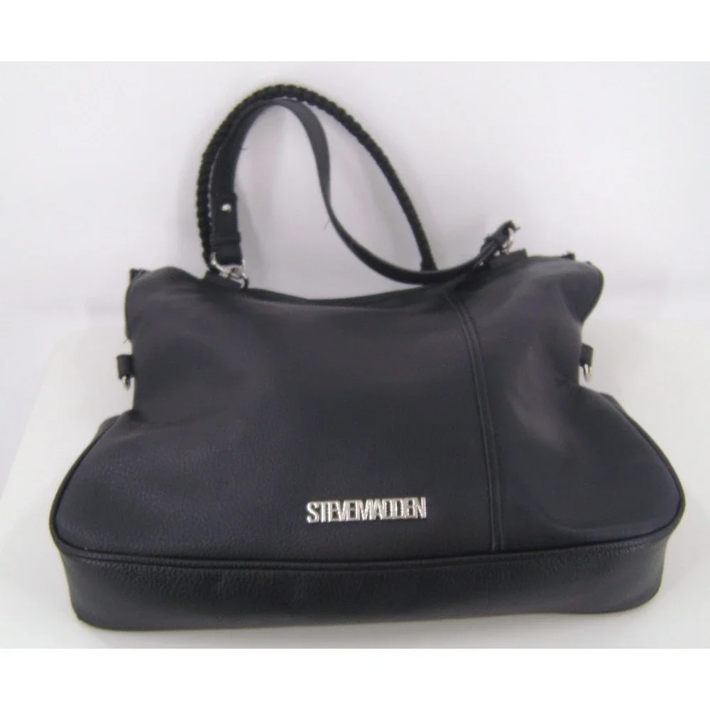 Steve Madden Black Pebbled Faux Leather Hobo 3 Compartment Large Handbag Satchel