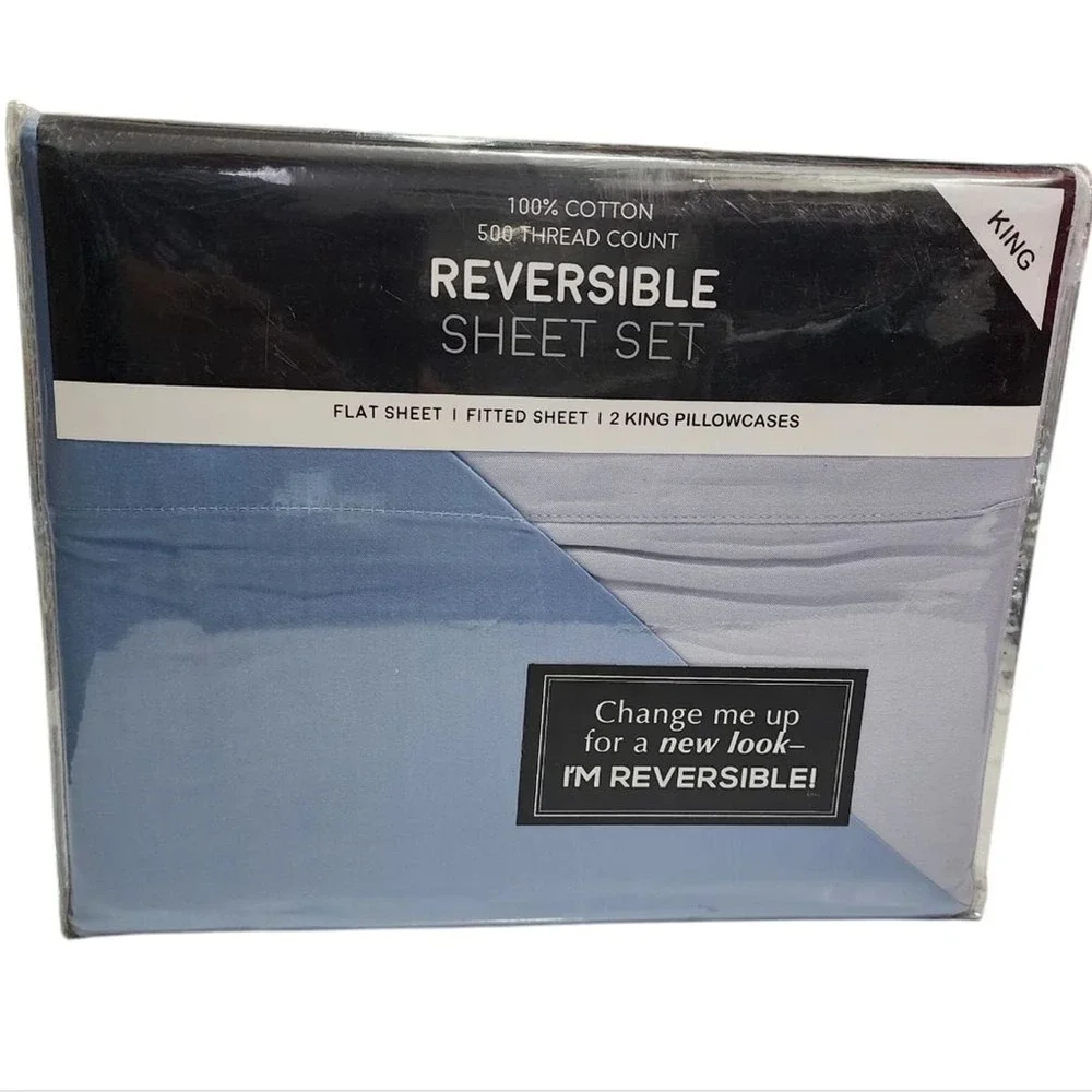 King Size 500 Thread Count Cotton Reversible Blue Sheet Set 4pc Two Looks in One