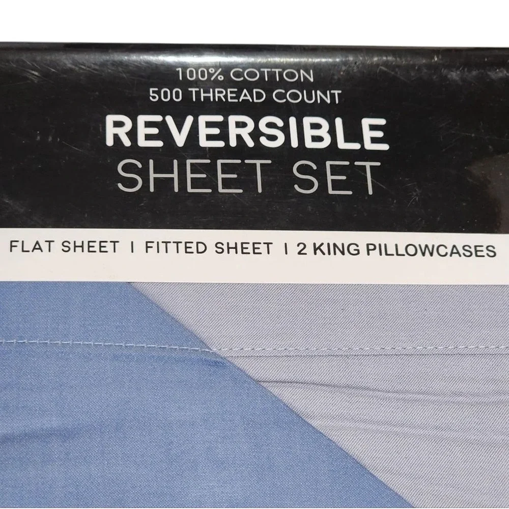 King Size 500 Thread Count Cotton Reversible Blue Sheet Set 4pc Two Looks in One