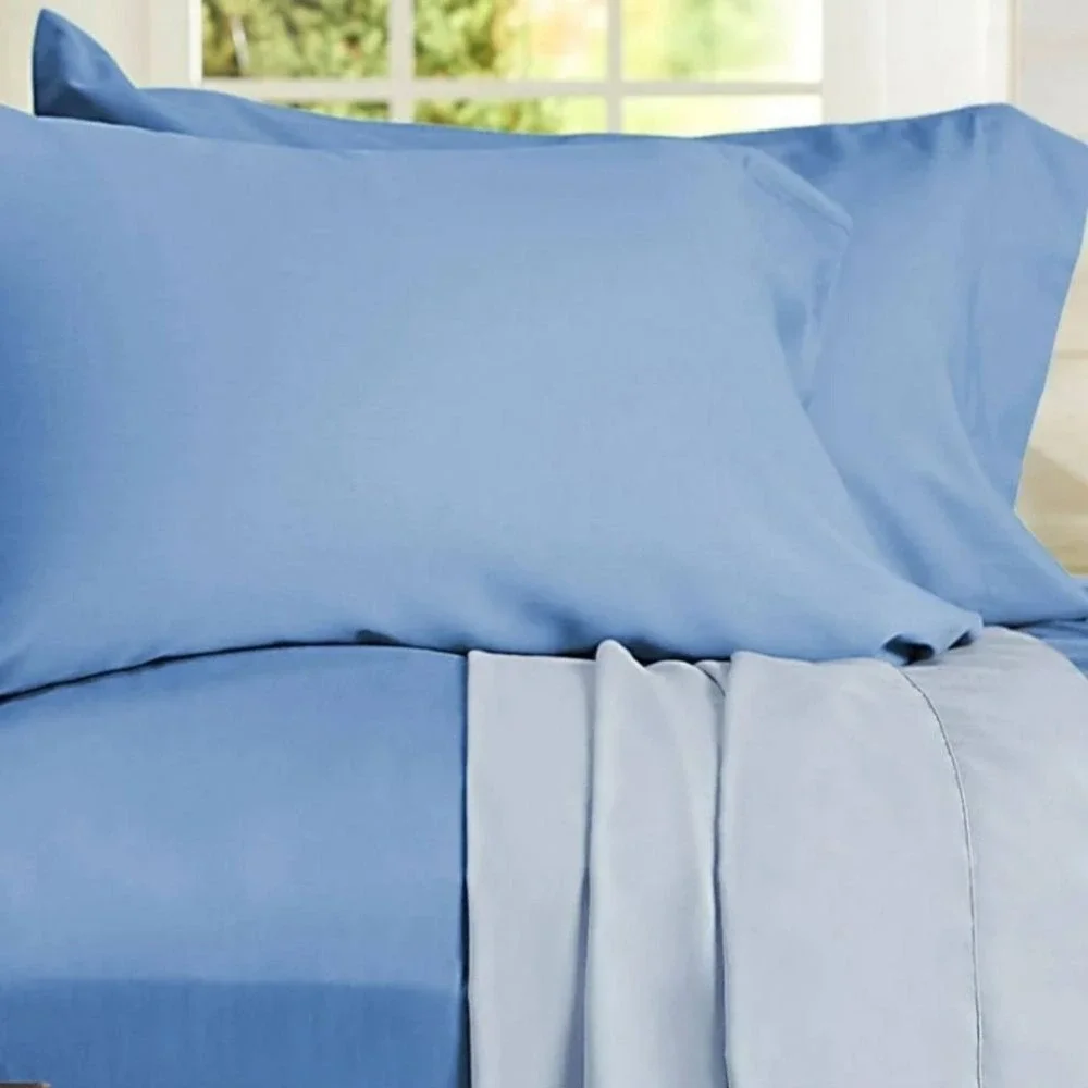 King Size 500 Thread Count Cotton Reversible Blue Sheet Set 4pc Two Looks in One
