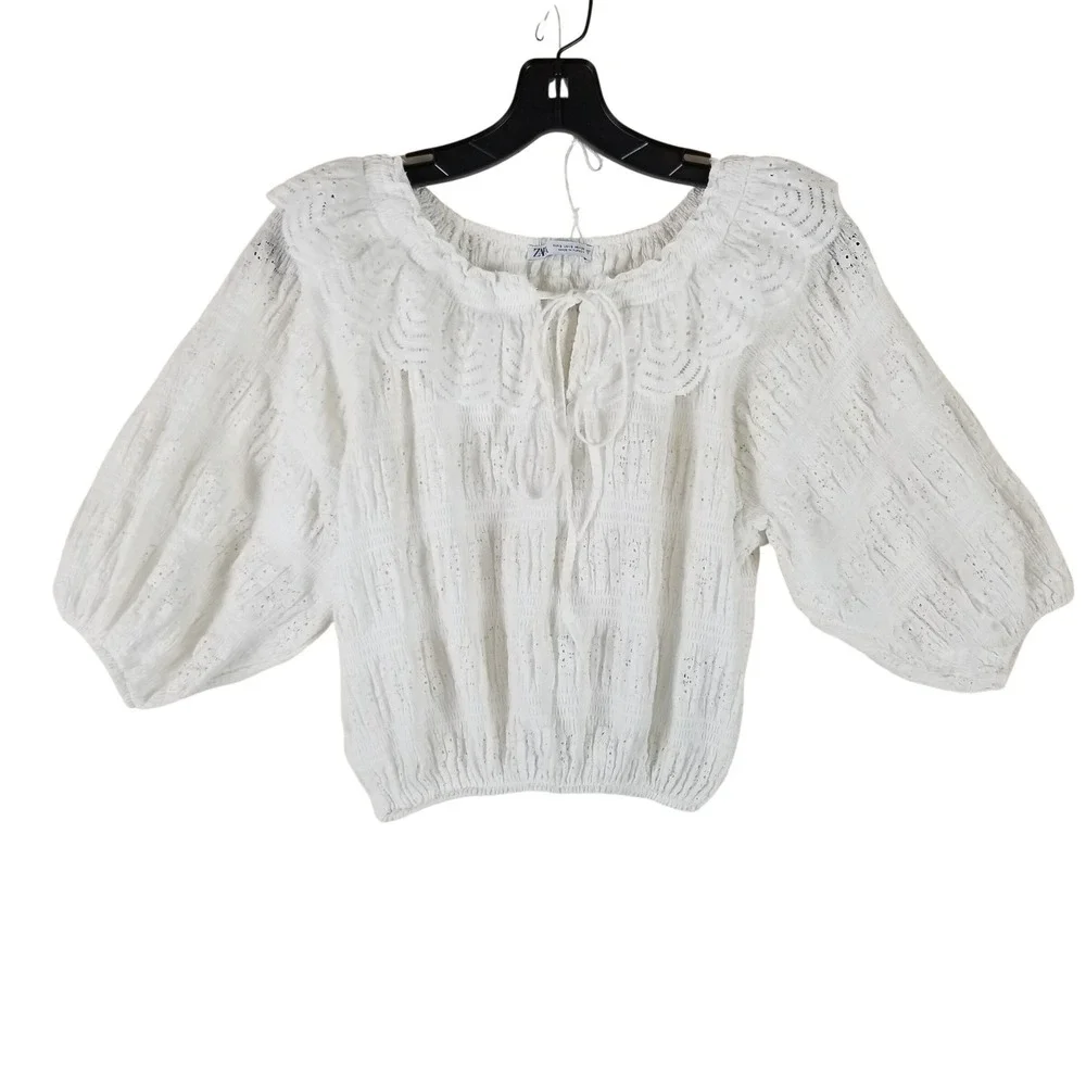 Zara Blouse Women Small White Eyelet Smocked Ruffle Neck Puff Sleeve Peasant Top