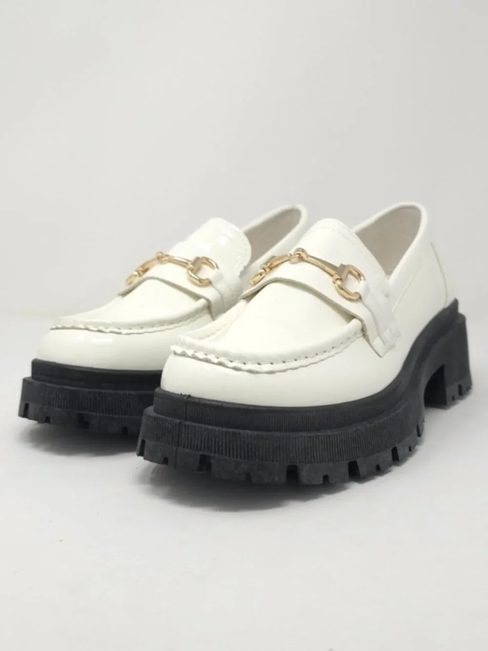 White Chunky Platform Loafers Gold Chain Lug Sole Slip On Trendy