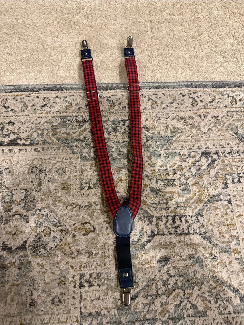 Red and Black Plaid Suspenders with Navy Leather Trim