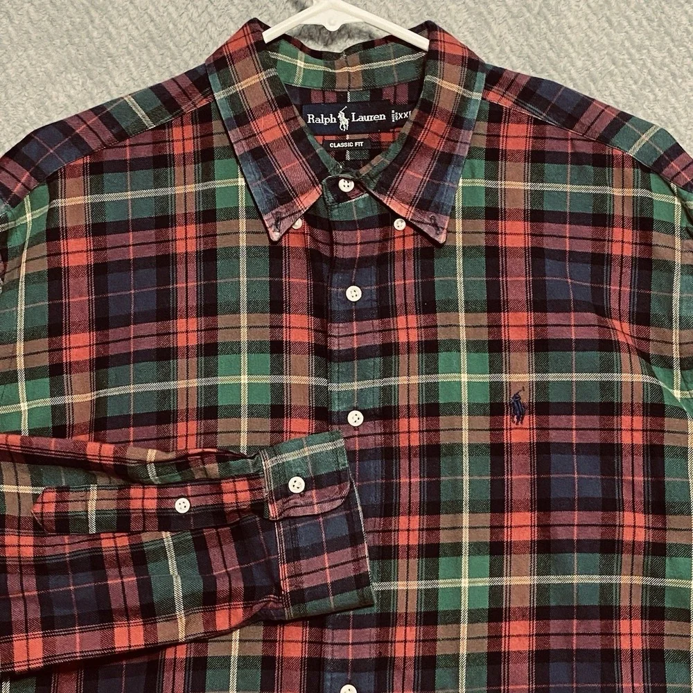Polo Ralph Lauren Men's Shirt XXL Classic Fit Plaid Oxford Red Green Button