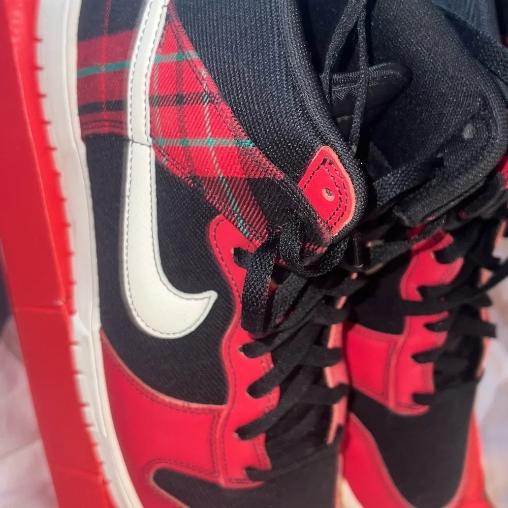 Nike Dunk Hi Black and Red Tartan Plaid Sneakers 11.5