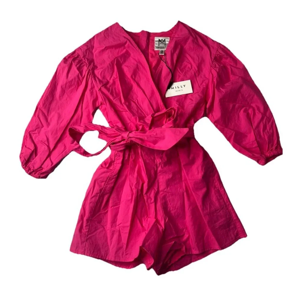 Milly Minis Girls Paulina Poplin Romper Pink Hibiscus Size 7/8 With Tags‎