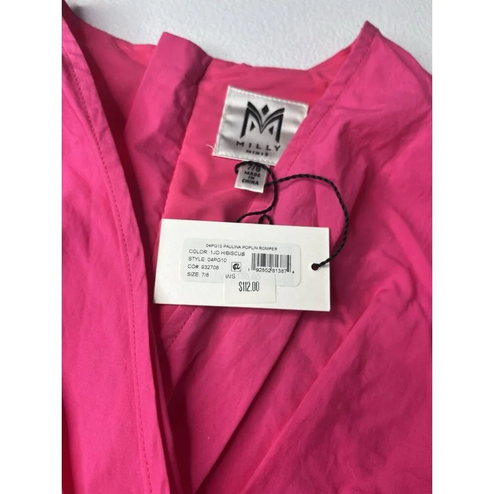 Milly Minis Girls Paulina Poplin Romper Pink Hibiscus Size 7/8 With Tags‎