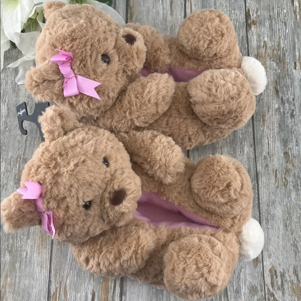 Little Girls Plush Teddy Bear Slippers Shoes Size 2-3