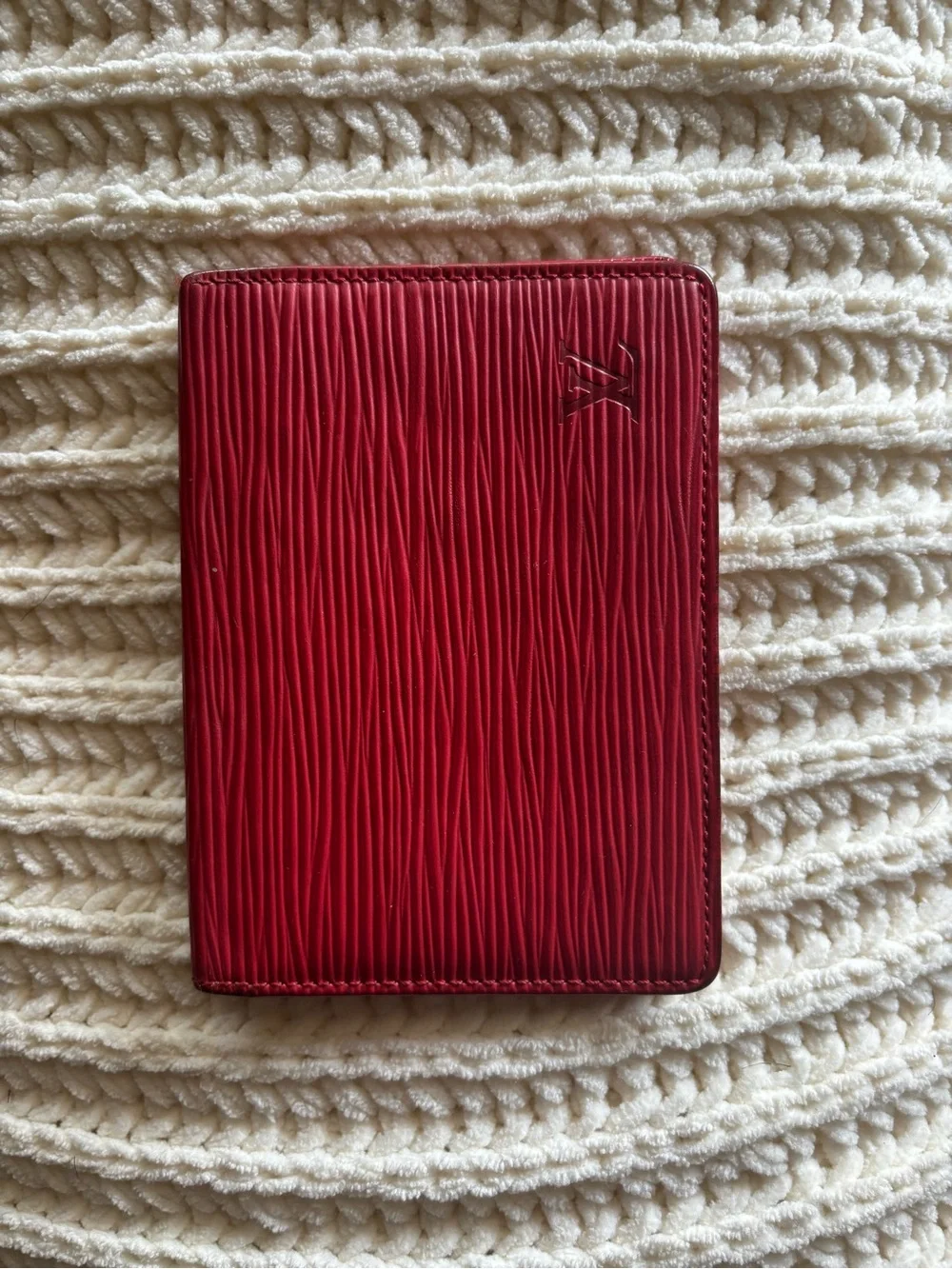 Red Textured Leather Card Holder with Embossed Monogram