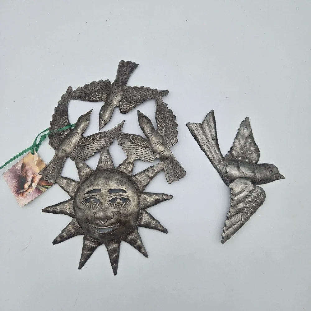 Haitian Metal‎ Wall Folk Art Sun Birds Recycled Oil Drum Set of 2 Garden Patio