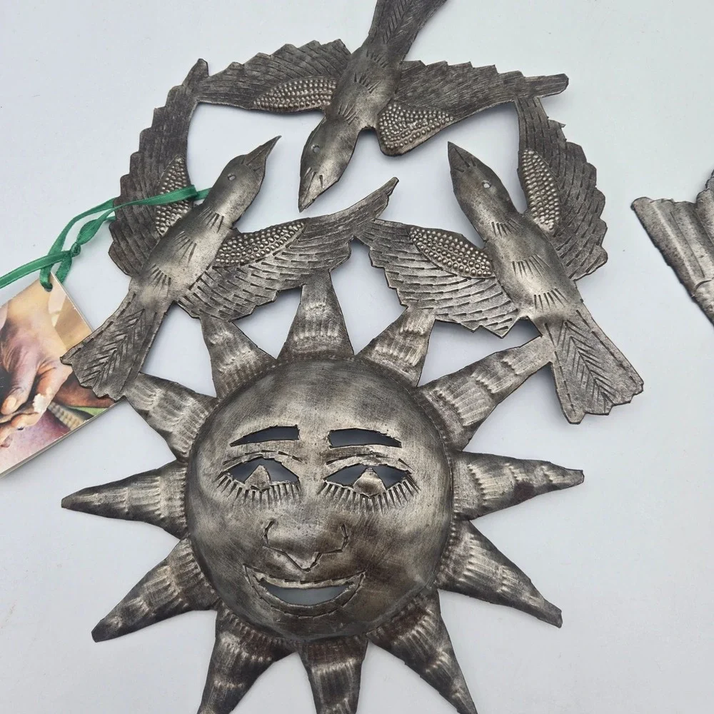 Haitian Metal‎ Wall Folk Art Sun Birds Recycled Oil Drum Set of 2 Garden Patio