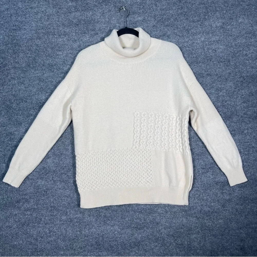 Nordstrom Womens Medium 100% Cashmere Ivory Knit 3D Patchwork Turtleneck Sweater