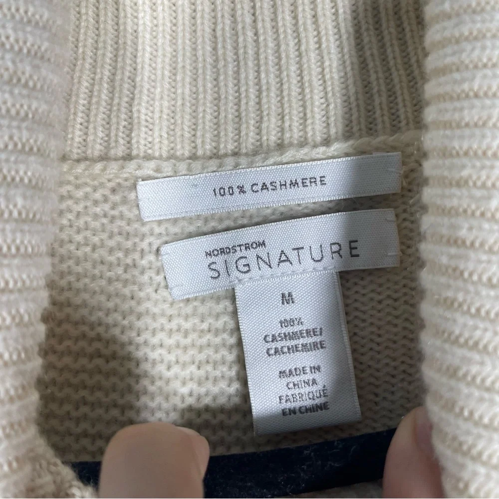 Nordstrom Womens Medium 100% Cashmere Ivory Knit 3D Patchwork Turtleneck Sweater