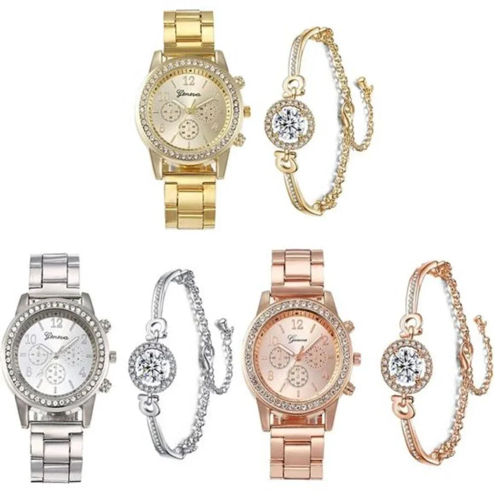 Luxury Women's Watch and Bracelet Sets – Elegant Timepiece with Crystal Accent