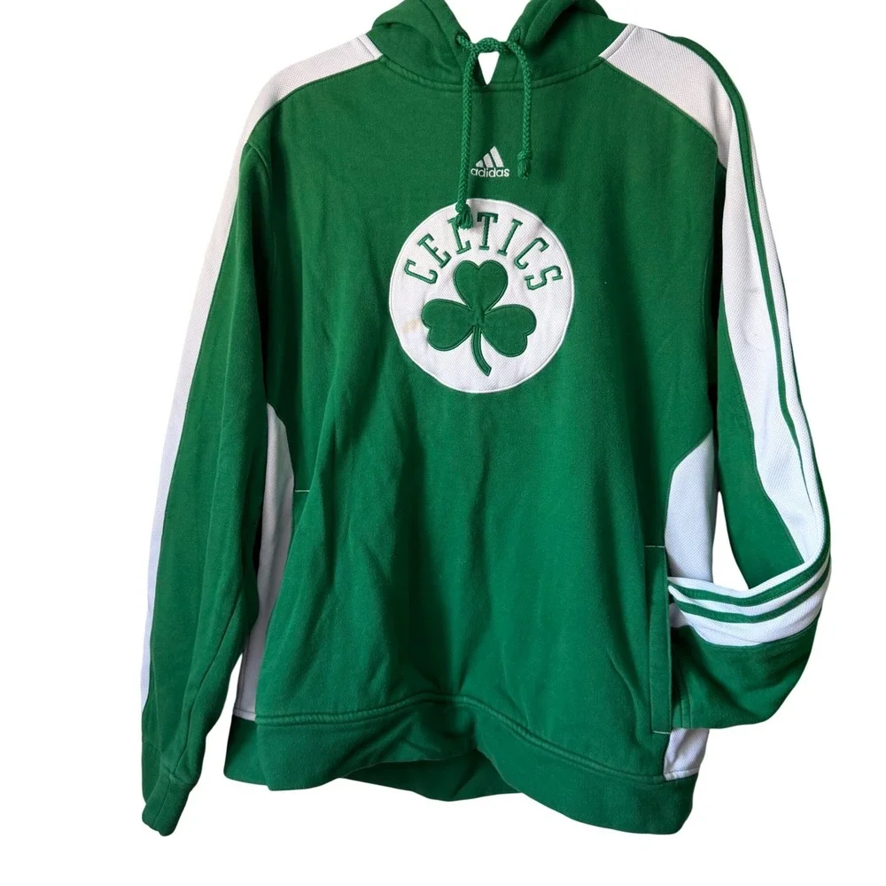 Adidas Boston Celtics‎ NBA Hoodie Green White Striped Pullover Sweatshirt Mens M