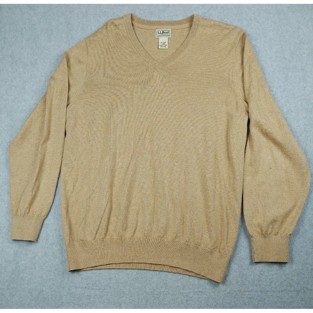 LL‎ Bean Pullover Sweater Men's Brown V Neck Cotton Cashmere Blend Sz Large