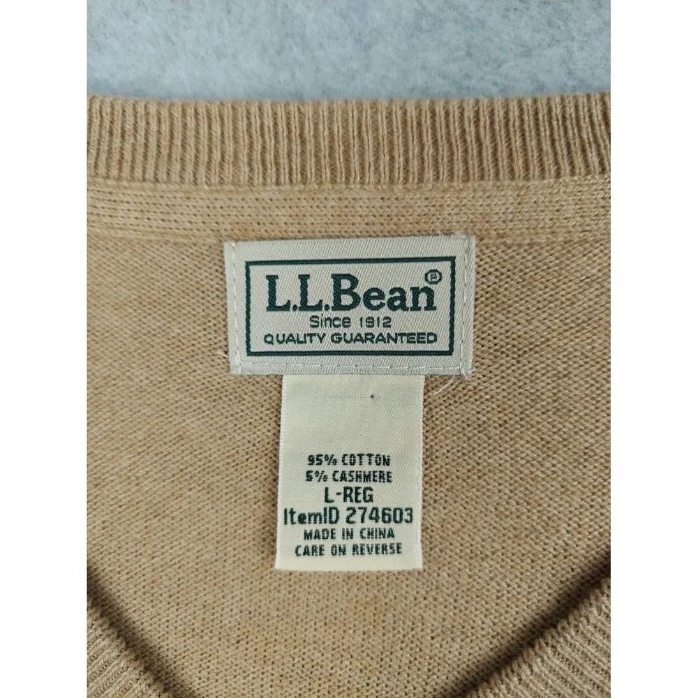 LL‎ Bean Pullover Sweater Men's Brown V Neck Cotton Cashmere Blend Sz Large