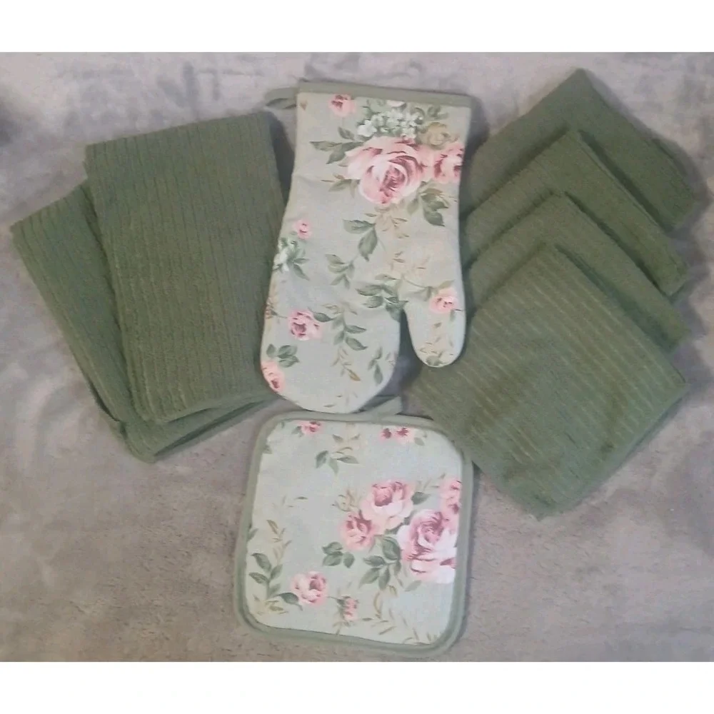 8 Pc Kitchen Set Rose Green‎ Cotton Absorbent Towels Pot Holder Oven Mitt READ