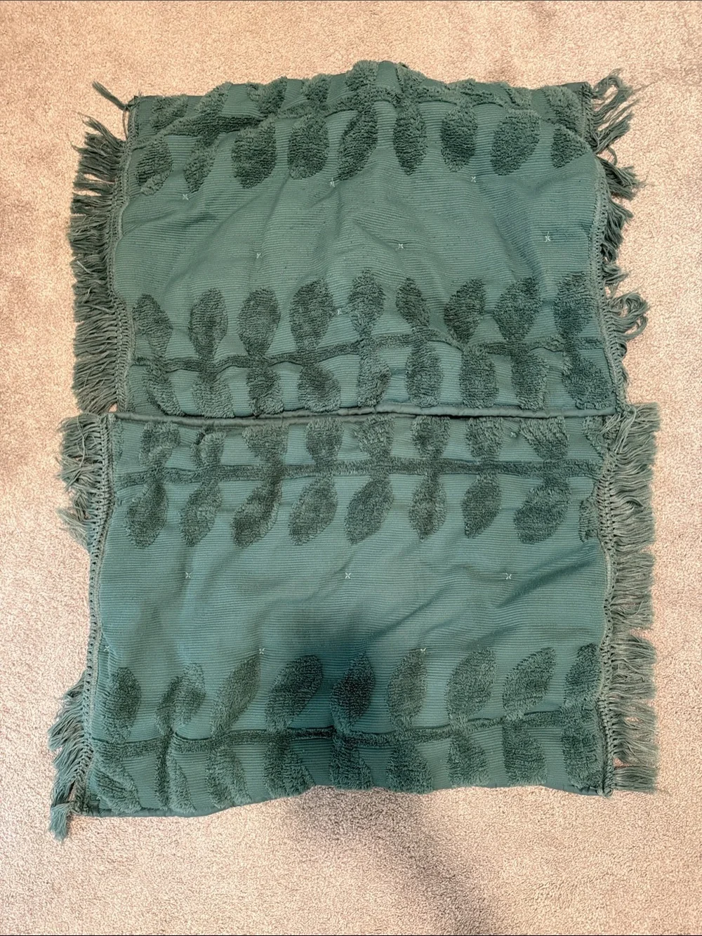 Textured Dark Green Leaf Throw Pillow Covers with Fringe