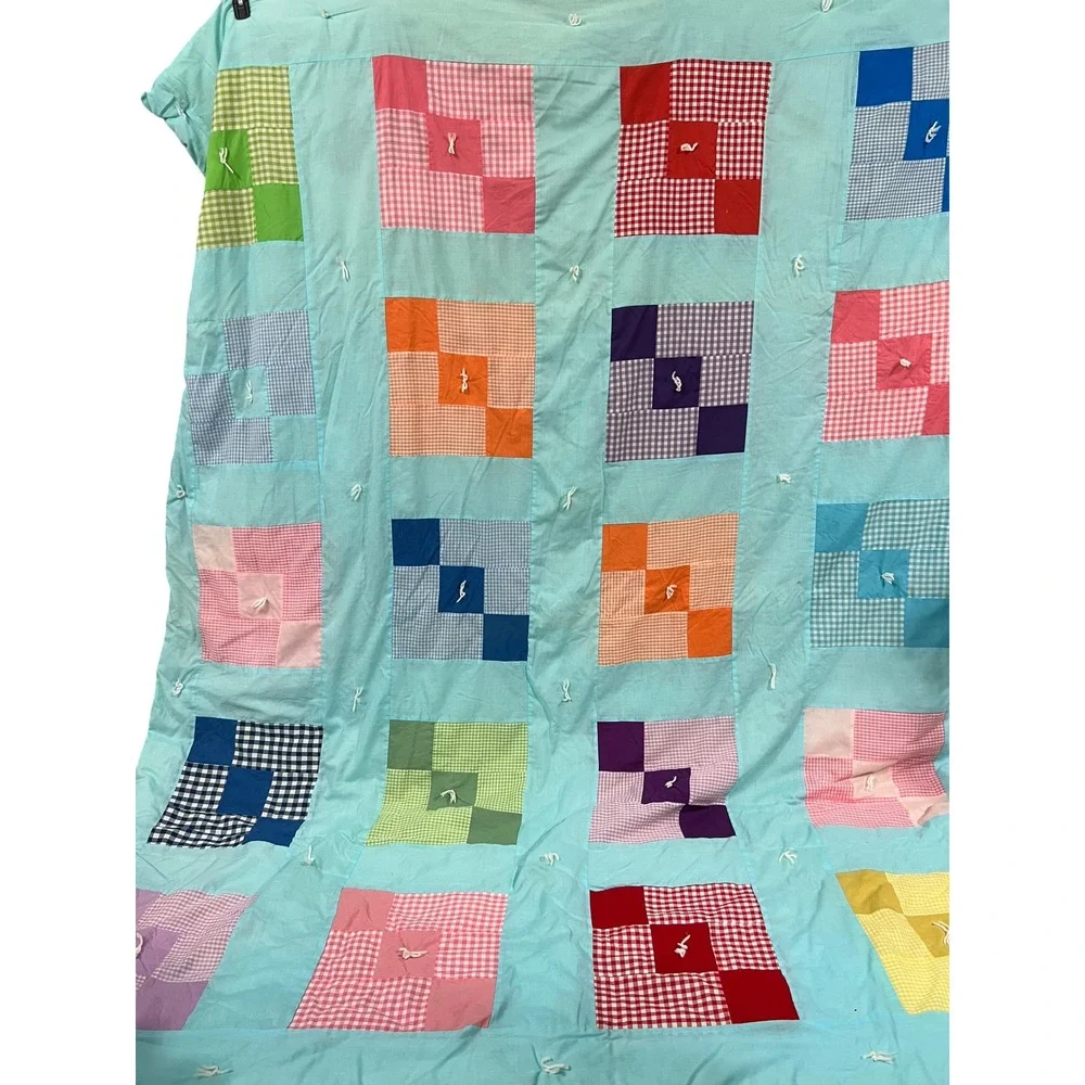 Handmade Vintage Patchwork Tied Quilt Gingham Floral Reverse 90x74 Full