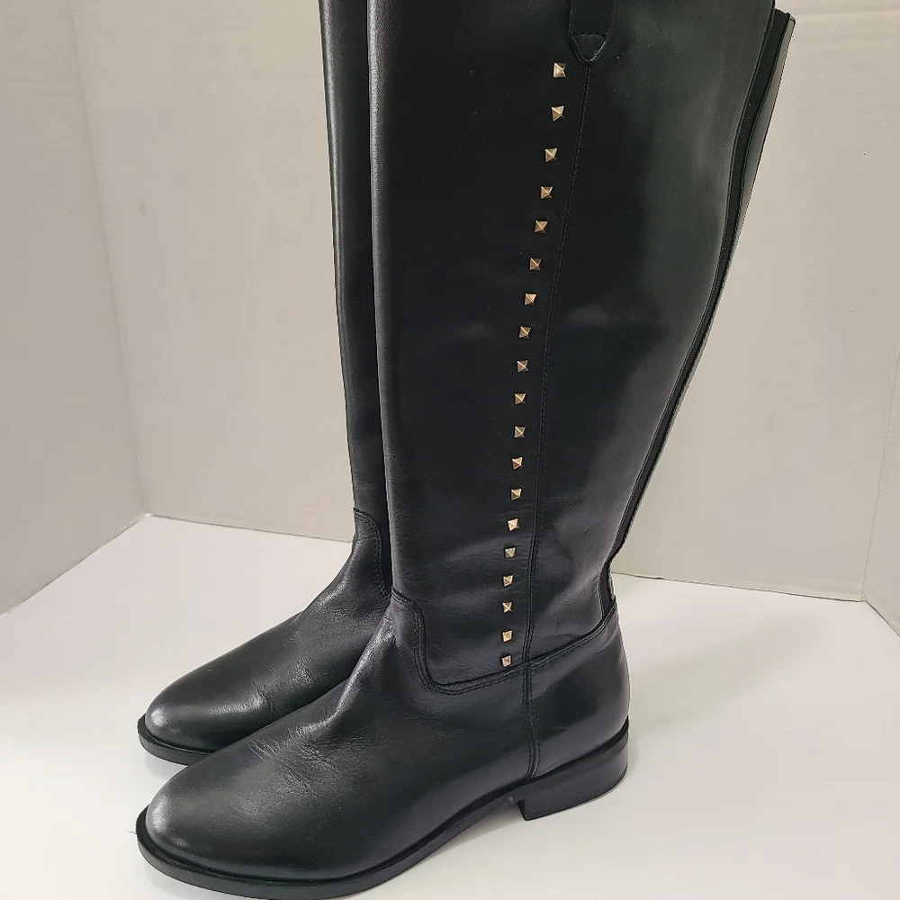 Marc Fisher Secrit Black‎ Studded Leather Knee-High Boots Wide Calf 7.5