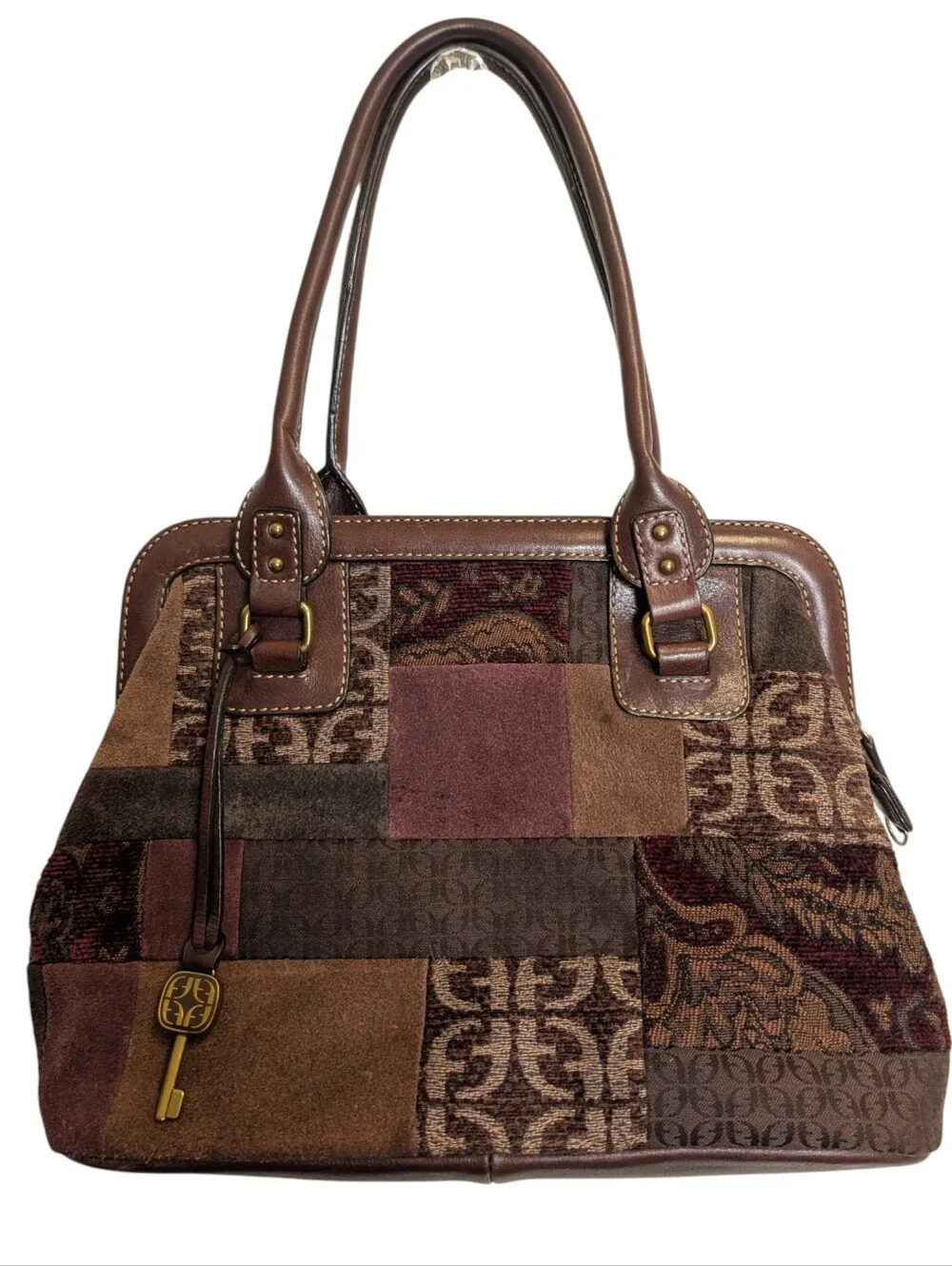 Fossil Suede Tapestry Patchwork Satchel Purse Handbag Boho