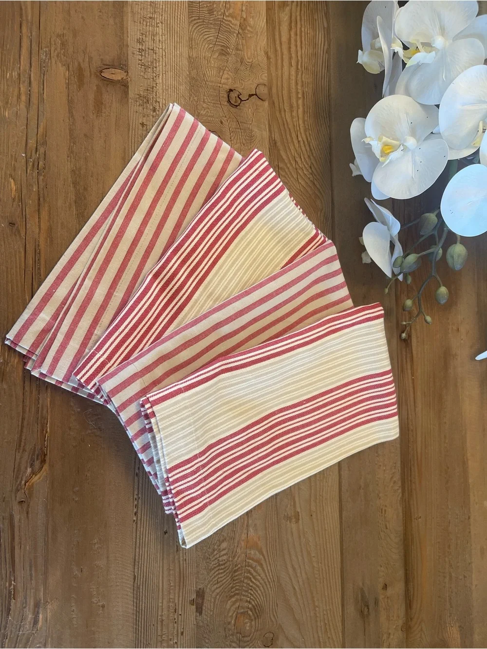 Pottery Barn Red Stripe Cotton Linen Napkins Set of 4 Coastal Boho Farmhouse