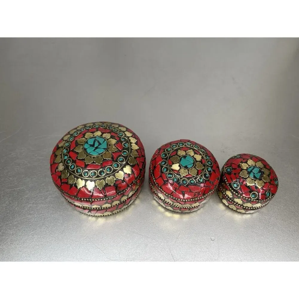 Round Trinket Box Multicolor Stones Indian Nesting Boxes Red Gold Set Of 3