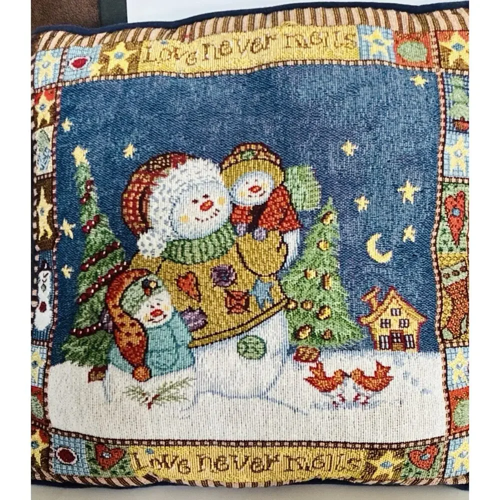Two Vintage Tapestry Christmas Snow Family Love Never Melts Decorative Pillows