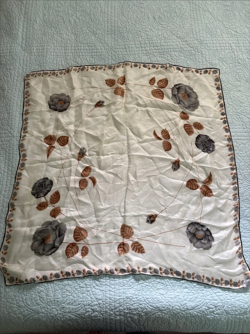 Floral Embroidered Silk Scarf in Cream and Brown