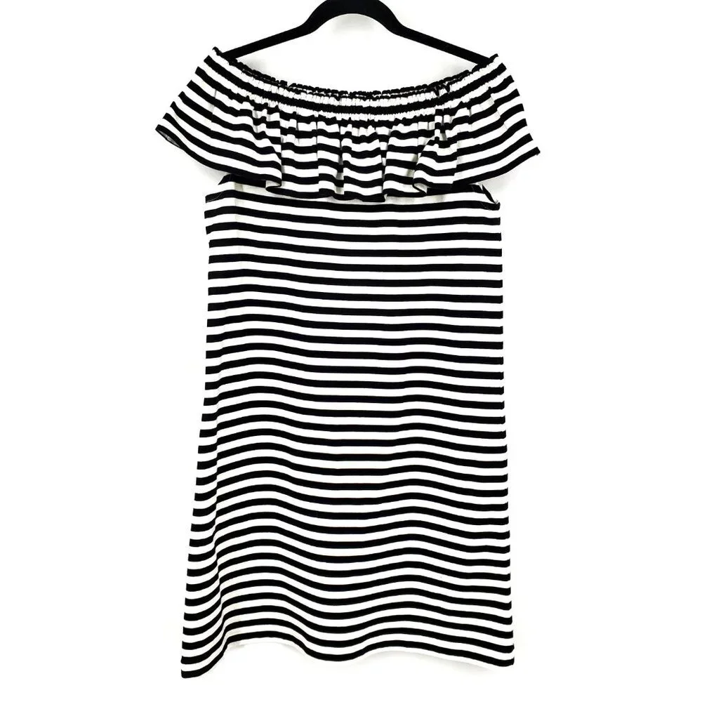 Kate Spade Off Shoulder Stripe Ruffle Shift Dress Black/White‎ Small