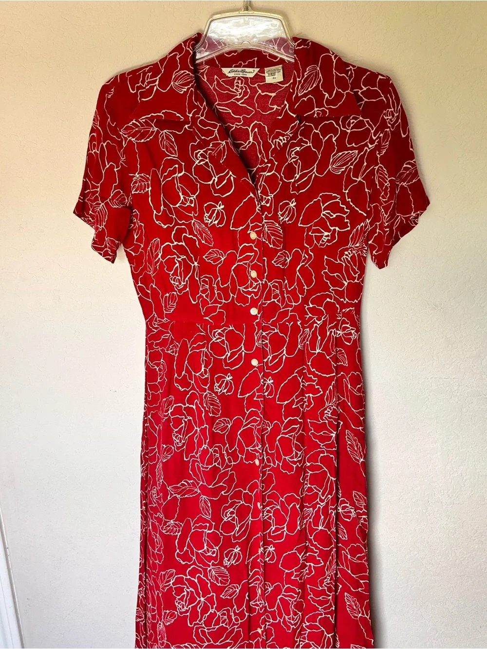 Vintage Eddie Bauer Red White Floral Button-Down Shirt Dress