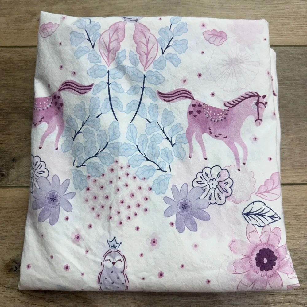 Pottery Barn Kids Aria Twin Flat Sheet Watercolor Horse Owl Floral Pink Purple