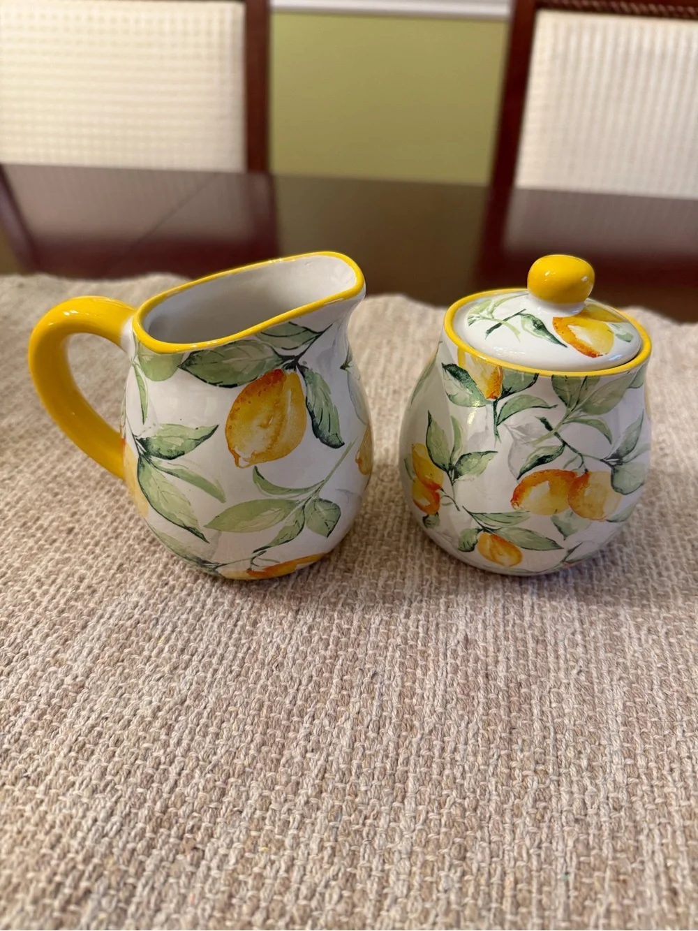 Lemon Pattern Ceramic Cream and Covered Sugar Set
