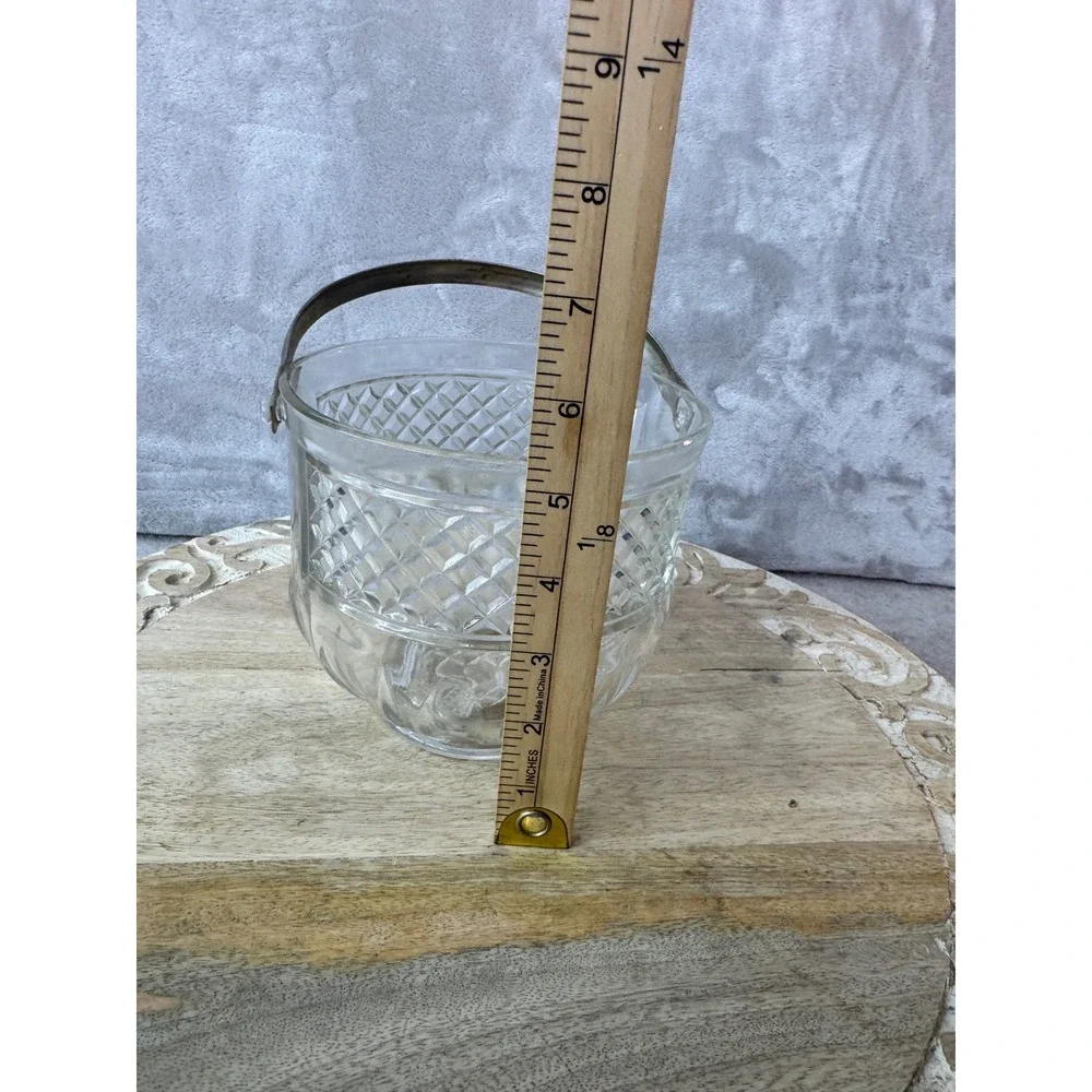 Vintage Glass Ice Bucket Diamond Cut Pattern Hammered Metal Handle Clear Barware