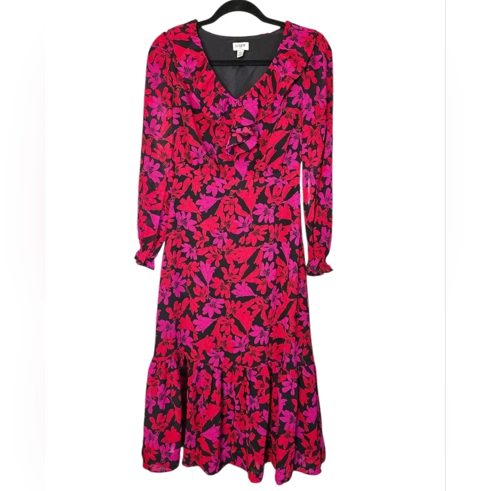 J. Crew Red and Pink Floral Long Sleeve Dress