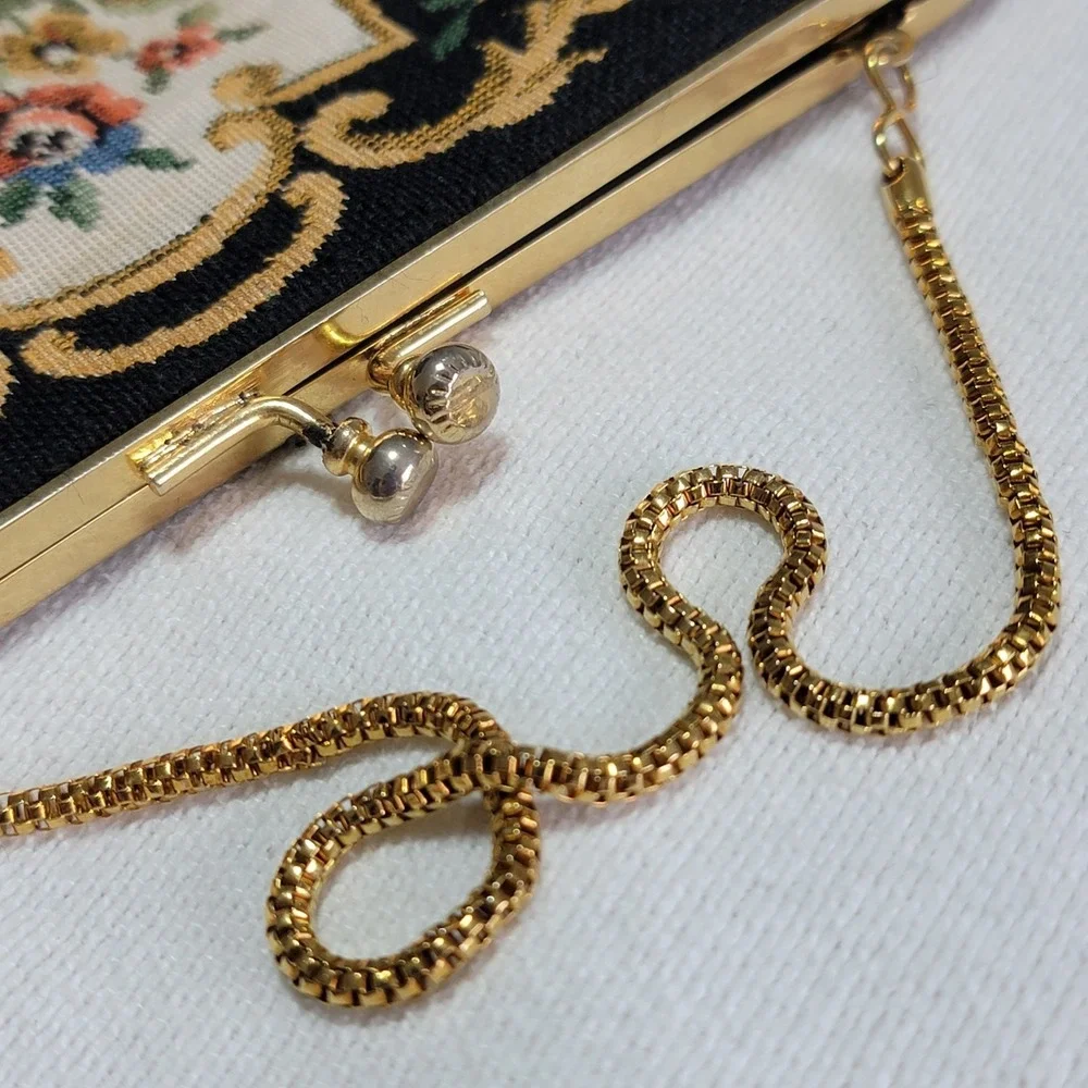 Vintage 1950's Floral Tapestry Purse Clutch Bag with Gold Clasp & Chain