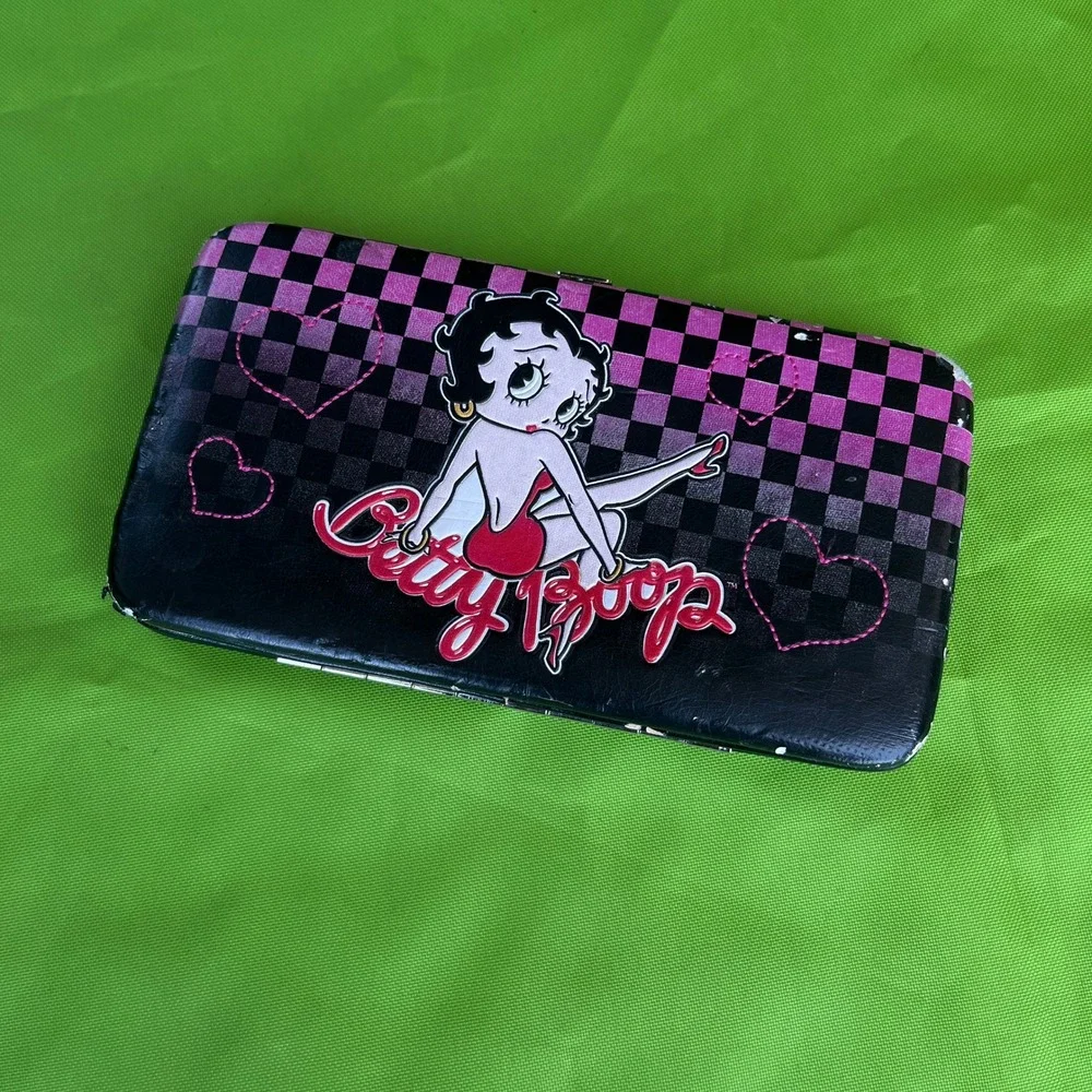 Betty Boop Vintage Hinged Wallet Pink Black Checkered Hearts Long‎ Clutch Purse