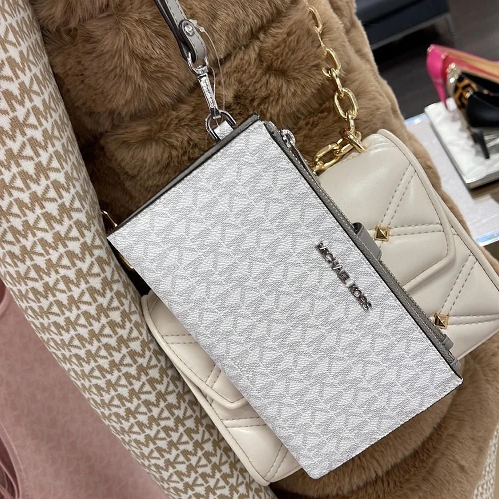 MICHAEL KORS LARGE DOUBLE ZIP WRISTLET PHONEHOLDER WALLET CLUTCH BRIGHT WHITE