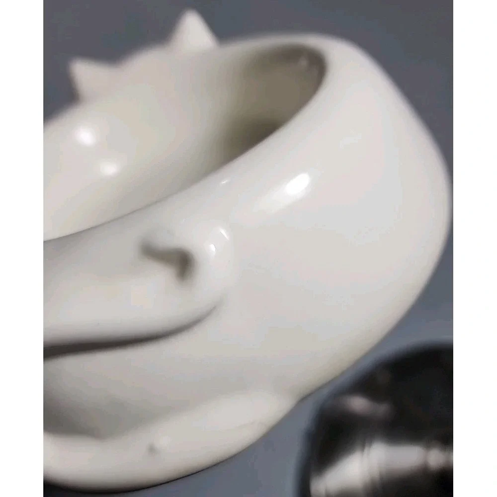 Vtg Cat Kitten Pet Food Dish Ceramic Treat Bowl Lillian Vernon White Blue Eyes