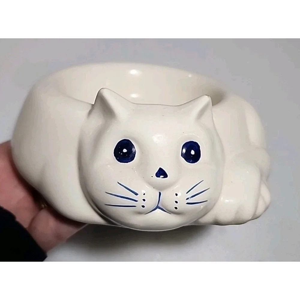 Vtg Cat Kitten Pet Food Dish Ceramic Treat Bowl Lillian Vernon White Blue Eyes