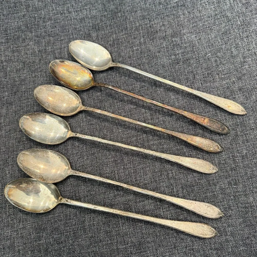 Vtg 6x New England Silver Plate Rosemary Long Iced Tea Spoons 8 1/4