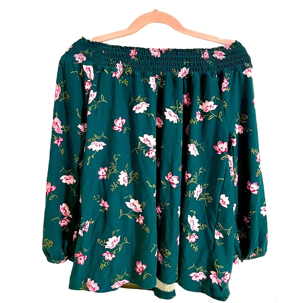 Old Navy Girl’s Emerald/Pine Green Floral Off the Shoulder Blouse
